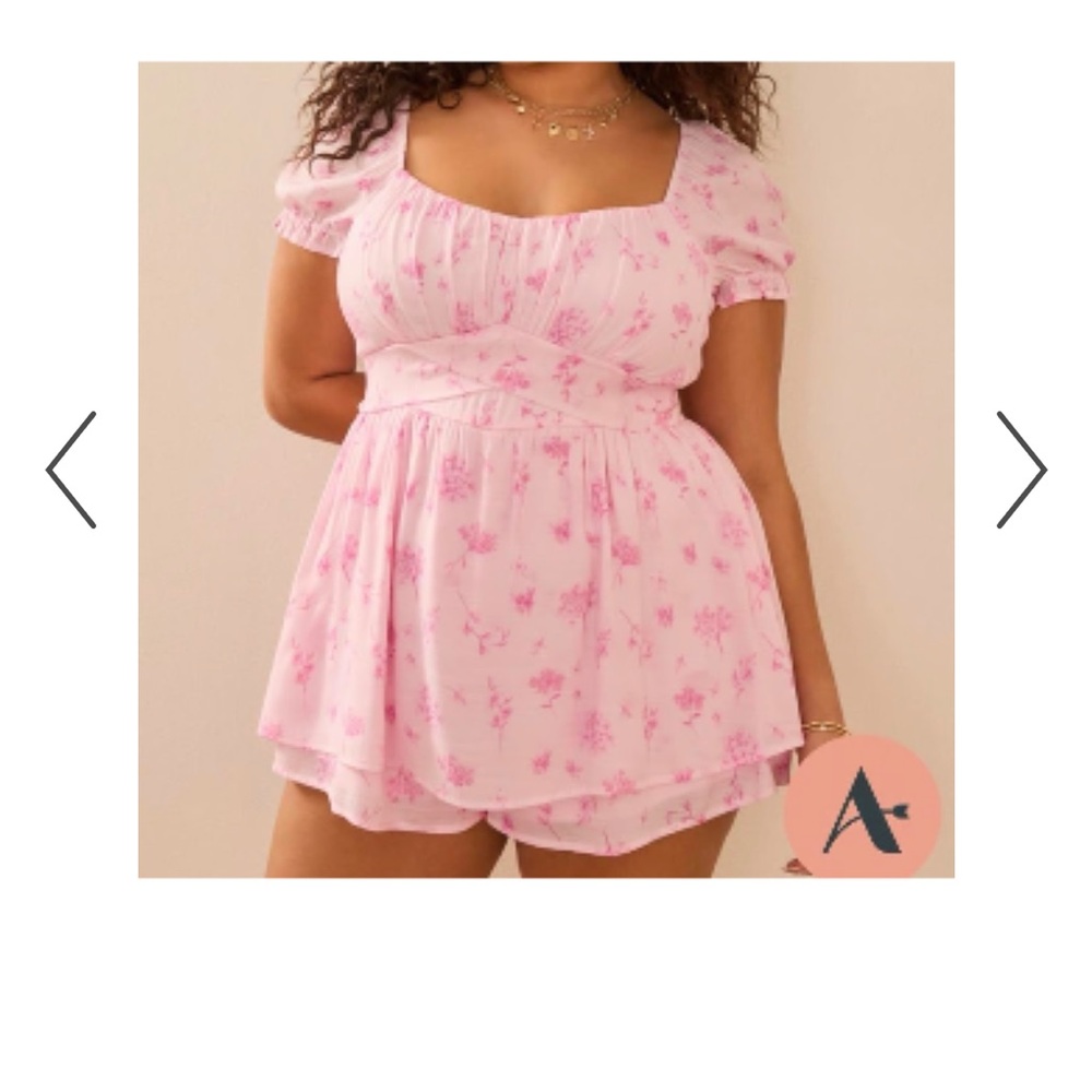 ARULA Pink Floral Puff-Sleeve Romper with Belt - Picture 1 of 9